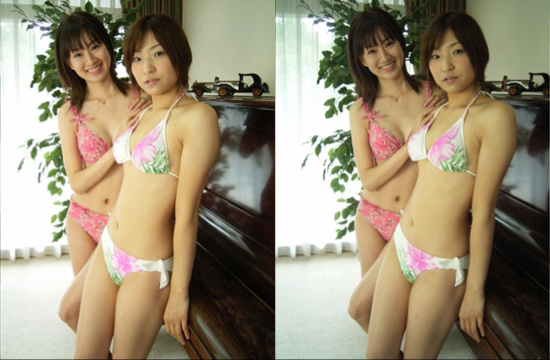 視力回復トレーニングにも役立つ、飛び出す立体画像-水着の女性たちが浮き上がる立体画像01(交差法)