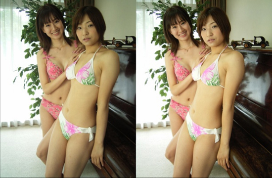 視力回復トレーニングにも役立つ、飛び出す立体画像-水着の女性たちが浮き上がる立体画像01(平行法)