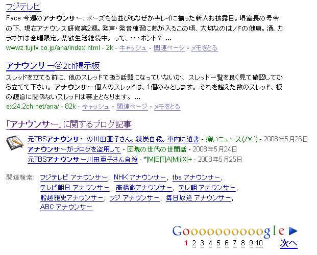 ブログ検索のキャプチャ「アナウンサー」と検索