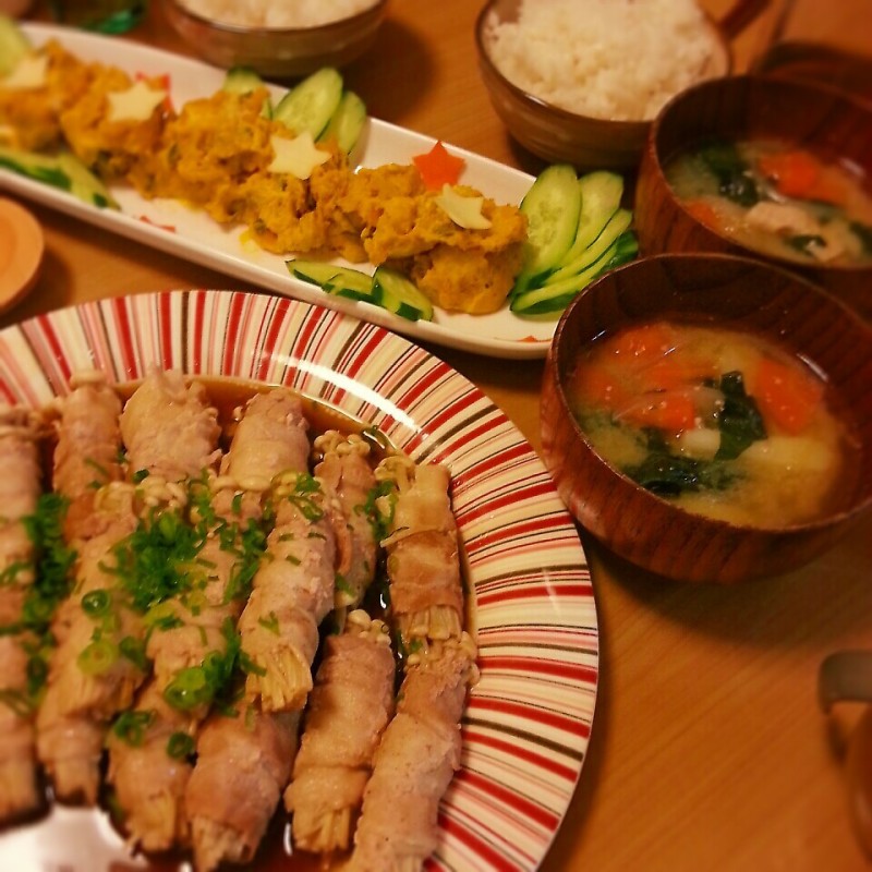 肉巻きえのき&かぼちゃサラダ